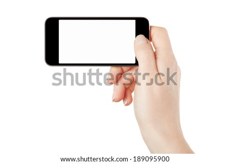 Smartphone in female hand horizontal isolated on white, clipping path included