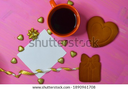 valentine's day card with copy space for text, shape heart love decoration, cup of fresh espresso coffee and homemade delicious cookies