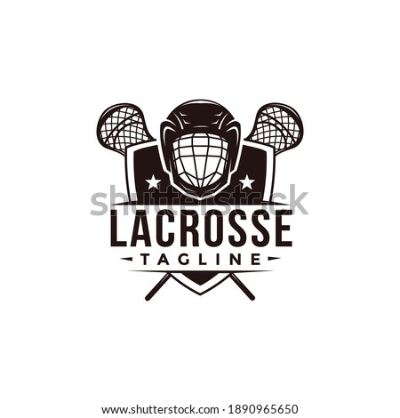 Vintage seal badge lacrosse sport logo with crossed lacrosse stick, shield and helmet vector icon on white background