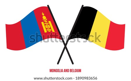 Mongolia and Belgium Flags Crossed And Waving Flat Style. Official Proportion. Correct Colors.