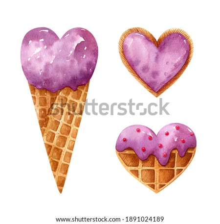 Valentine's day watercolor set with heart shaped desserts. Berry ice cream in a waffle cone, waffle with purple icing and sprinkles, cookies with berry jam. Perfect for postcards, prints, decor, menu.
