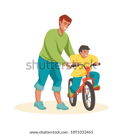 Family scenes. Dad teaches son to ride bike, happy father and little boy spend time together outdoors, kid riding bicycle, parenthood and childhood concept, colorful cartoon vector isolated characters