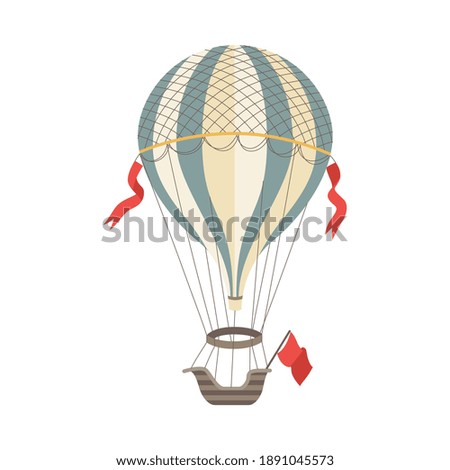 Vintage air balloon with striped gasbag and gondola, flat vector illustration isolated on white background. Air balloon sign or symbol of romantic air adventure.