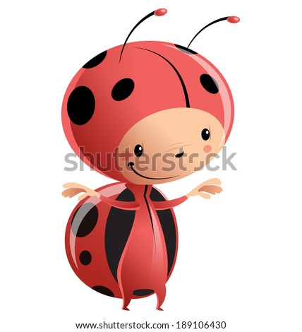 Cartoon vector illustration of child in funny red lady bug suit with antennas and black dots pattern
