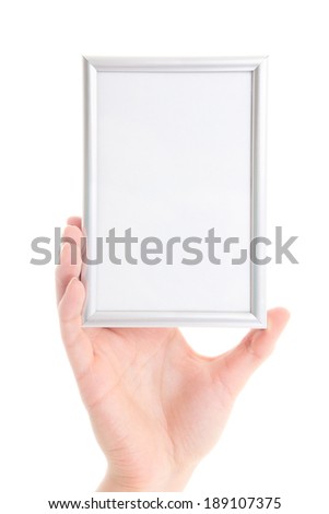 woman hand holding photo frame isolated on white background