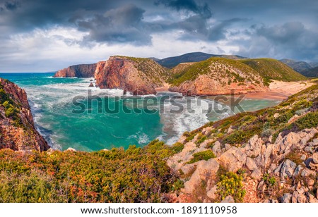 Wonderful morning scene of Cala Lunga. Picturesque summer view of Sardinia, Italy, Europe. Spectacular landscape of Canyon di Cala Domestica. Beauty of nature concept background.