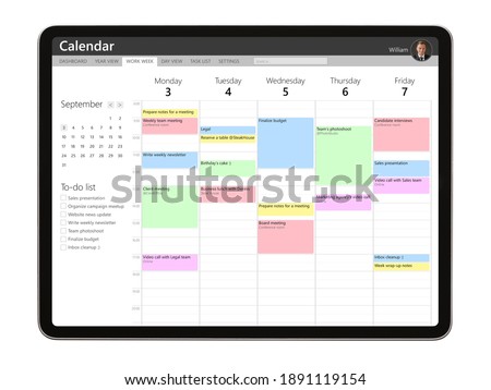 Calendar app sample interface design on tablet computer