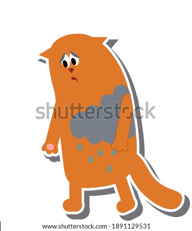 Sad cat isolated sticker. Depressed upset unhappy cat cartoon emotion rainy cloud. Flat character graphic illustration anxiety
