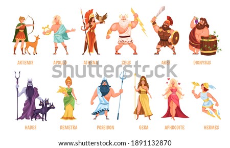 Greek gods pantheon. Mythological olympian gods, ancient Greece religion women and men characters with names collection, traditional elements personifications. Cartoon flat style vector isolated set Royalty-Free Stock Photo #1891132870