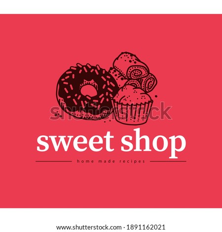 Sweet shop logo design with hand drawn buns, donut and cupcake illustration. Vector doodle style. For cafe brand emblem.