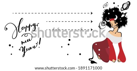 A student girl is squatting in a new years red and white suit. Black hair, space and planets. With horns. The inscription Happy New year. New years horizontal 