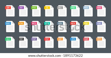 File type icons. Format and extension of documents. Set of pdf, doc, excel, png, jpg, psd, gif, csv, xls, ppt, html, txt and others. Icons for download on computer. Graphic templates for ui. Vector. Royalty-Free Stock Photo #1891173622
