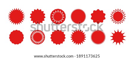 Star stickers. Badges of burst. Red circles for sale and promo. Starburst icons for tags and prices. Design shapes for banner and discount with explosion edge. Set of abstract buttons. Vector.