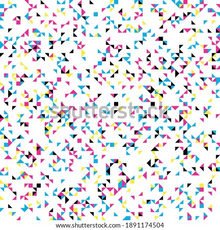 Abstract mosaic of right triangles. CMYK color right triangles scattered on white background. Abstract seamless vector pattern. Modern decorative wrapping paper.