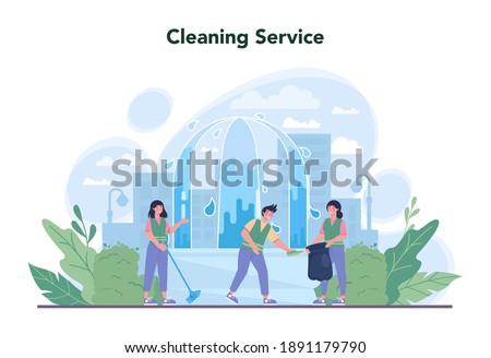 Cleaning service or company concept. Cleaning staff with special equipment. Janitor workers cleaning street and sorting garbage. Isolated flat vector illustration