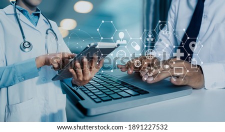Double exposure of healthcare And Medicine concept. Doctor and modern virtual screen interface.