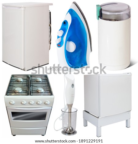 Assortment of household appliances isolated on white background. High quality photo