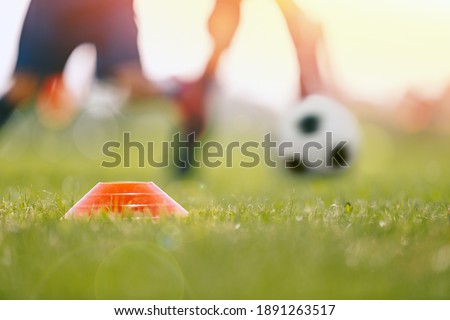 Closeup image of training soccer field. Sports training cone marker on grass turf. Players in duel running after ball in a summer sunny day. Soccer training camp for kids