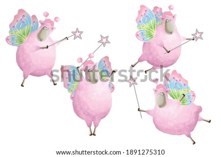Cute pink sheep with wings and magic wand. Stickers set isolated
