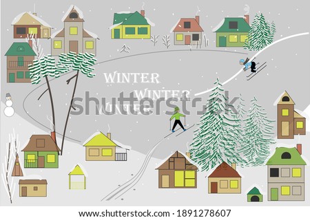 Winter village landscape on a cloudy day. Winter pines and firs. Skiing people. Place for your text.
