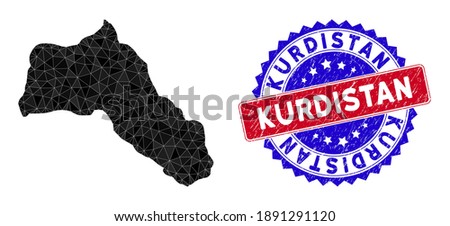 Kurdistan map polygonal mesh with filled triangles, and textured bicolor rubber seal. Triangle mosaic Kurdistan map with mesh vector model, triangles have variable sizes, and positions,