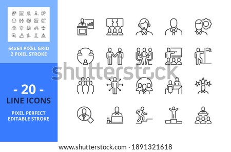 Line icons about business people. Contains such icons as businessman, working, teamwork, meeting, staff, conference and agreement. Editable stroke. Vector - 64 pixel perfect grid. Royalty-Free Stock Photo #1891321618