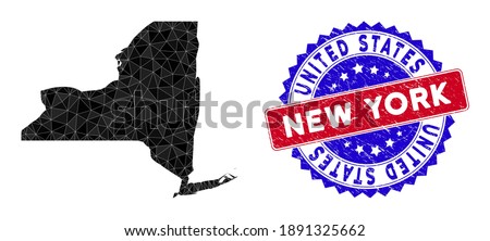 New York State map polygonal mesh with filled triangles, and textured bicolor stamp seal. Triangle mosaic New York State map with mesh vector model, triangles have various sizes, and positions,