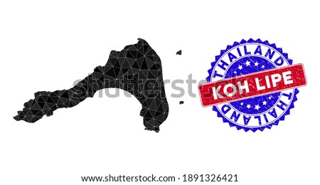 Koh Lipe map polygonal mesh with filled triangles, and rough bicolor stamp seal. Triangle mosaic Koh Lipe map with mesh vector model, triangles have various sizes, and positions, and color hues.