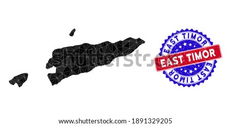East Timor map polygonal mesh with filled triangles, and scratched bicolor stamp print. Triangle mosaic East Timor map with mesh vector model, triangles have randomized sizes, and positions,