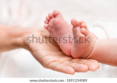 Baby feet in parent hands. Maternity, Happy Family concept.