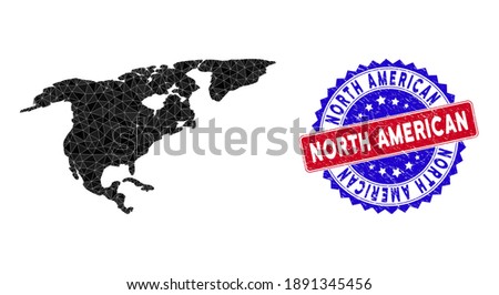 North America map polygonal mesh with filled triangles, and scratched bicolor seal. Triangle mosaic North America map with mesh vector model, triangles have various sizes, and positions,