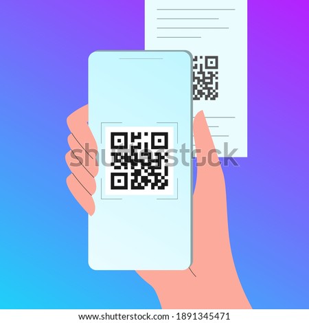 QR code scan with smartphone in a hand. Mobile phone scanner app for payment concept. Vector illustration.
