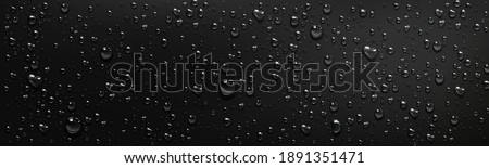 Water droplets on black background. Vector realistic illustration of condensation of steam in shower or fog on wet black surface, clear aqua drops from dew or rain Royalty-Free Stock Photo #1891351471