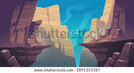 Mountain landscape with precipice in rocks. Vector cartoon illustration of abyss between cliffs, canyon or gorge. Dangerous rocky crack, gap or chasm divides stone ledge Royalty-Free Stock Photo #1891353187