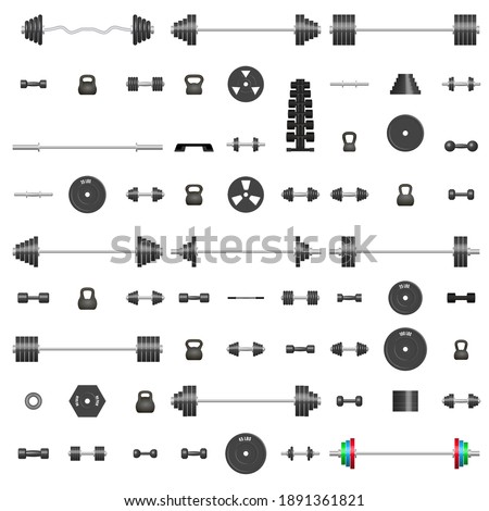 Big set of 3D sports equipment items. Elements design for gym and fitness room. Front view, vector illustration.