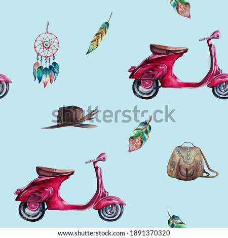 Watercolor hand painted seamless pattern with purple vintage scooter, dream catcher, feathers, brown leather backpack and hat with feathers in boho style on light blue background.