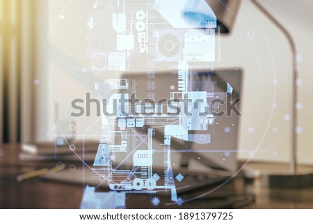 Double exposure of creative human head microcircuit with computer on background. Future technology and AI concept