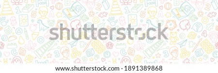 Preschool kindergarten line vector illustration seamless pattern. Educational toys doodle drawing. Thin line icons flat style Royalty-Free Stock Photo #1891389868