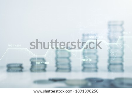 Double exposure of abstract creative statistics data hologram on growing coins stacks background, analytics and forecasting concept