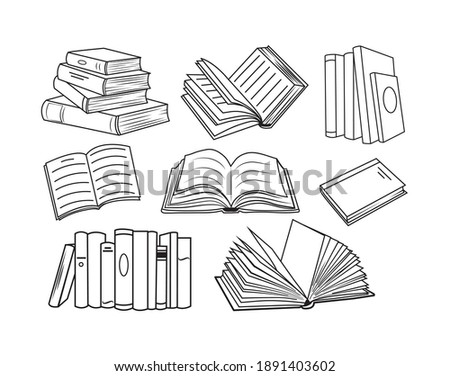 Set of books. Collection of various position books with open and developmental pages. Symbol education and knowledge. Library. Vector illustration for a bookstore. Line art.