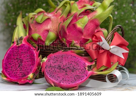 Dragon fruit put in bamboo handmade basket for gift and healthy.
