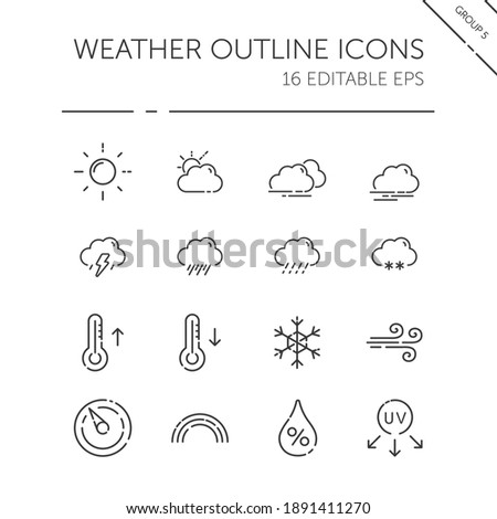 Weather and meteorology thin line icon set. Sun, clouds, temperature and pressure. Outline vector illustration Royalty-Free Stock Photo #1891411270