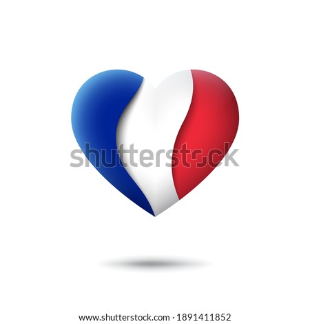 France flag icon in the shape of heart. Waving in the wind. Abstract waving france flag. French tricolor. Paper cut style. Vector symbol, icon, button