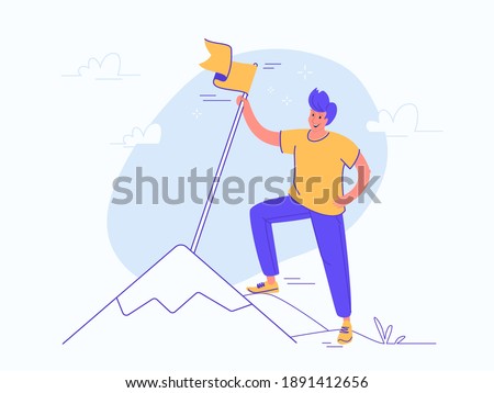A new milestone reached. Flat vector illustration of young smiling man is standing on the top of a mountain and holds a yellow flag. Concept design for goals achievement and targets achieved Royalty-Free Stock Photo #1891412656