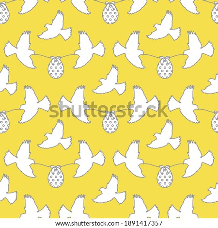 Vector seamless pattern Happy Easter Two birds hold rope with decorated Easter egg with bow on white background. Festive concept. Surprise. Design Illuminating and Ultimate Gray