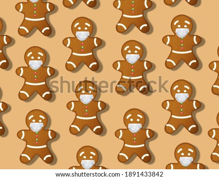 Beige pandemic art background. Seamless pattern. Christmas quarantine. Brown gingerbread man crowd in protective face masks