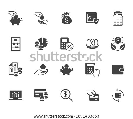 Money income flat icon set. Pension fund, profit growth, piggy bank, finance capital minimal black silhouette vector illustration. Simple glyph signs for investment application. Royalty-Free Stock Photo #1891433863
