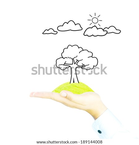 hand with tree decrease global warming, photosynthesis, carbon dioxide, oxygen 