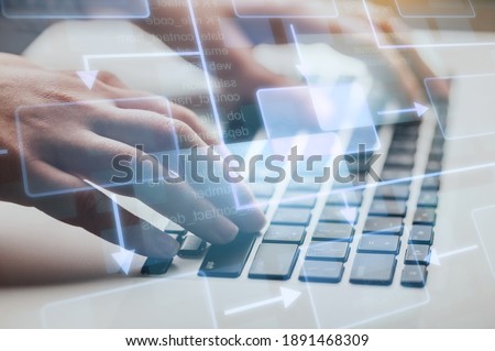 mindmap or organigram on virtual screen, person looking at hierarchy scheme, business structure Royalty-Free Stock Photo #1891468309