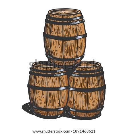 Wine beer wooden barrels engraving color raster illustration. Scratch board style imitation. Black and white hand drawn image.